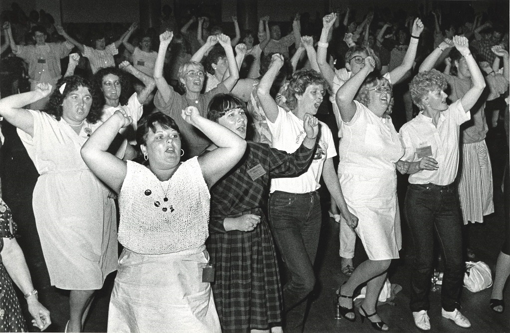 ‘Here we go for the women of the working class', Miners wives end the 1st National Conference of Women Against Pit Closures Sheffield Copyri
