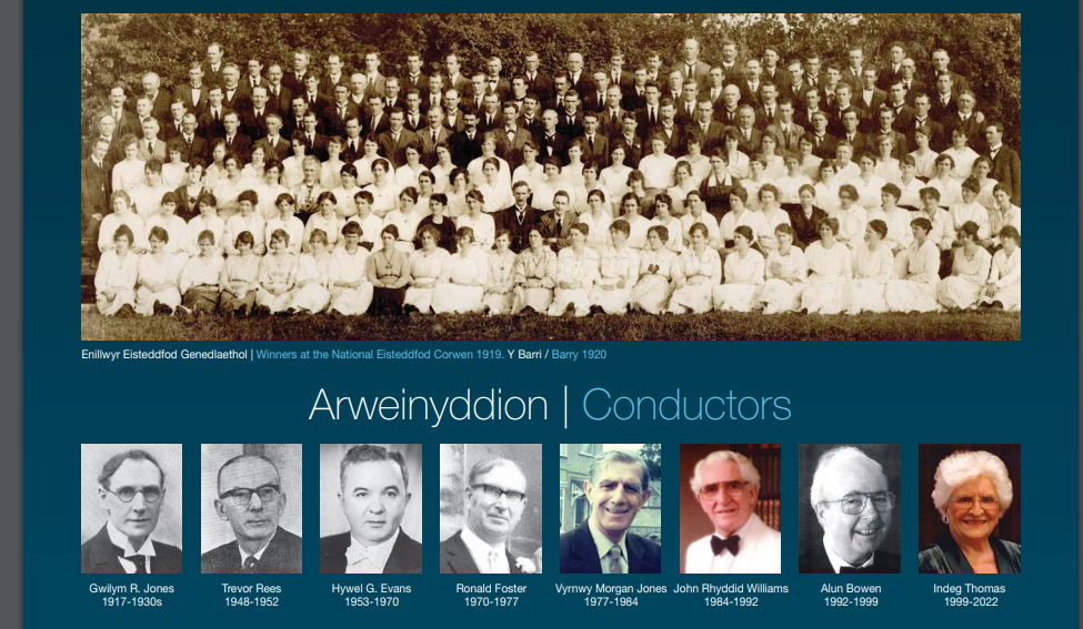 Dogfennau archifol amrywiol o'r Casgliad, gan gynnwys llun du a gwyn o aelodau'r côr o 1920, a ffotograffau o'r arweinwyr drwy'r blynyddoedd