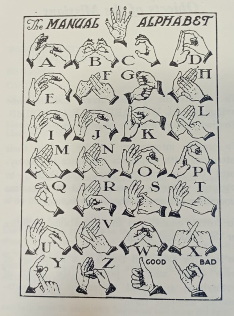 The rear cover of The Glamorgan and Monmouthshire Missions to the Adult Deaf and Dumb Annual Report 1969 - 7 showing a visual of the manual alphabet