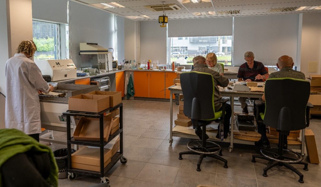 People are working in the conservation studio: some are seated whilst they work, and another member of staff is standing up to carry out their work