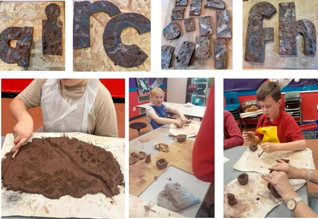 a selection of images of the young people and their clay artworks