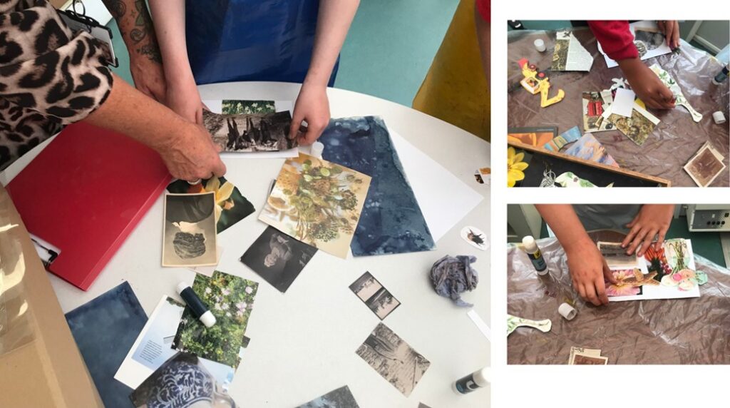 hands are placing the photographs ready to collage