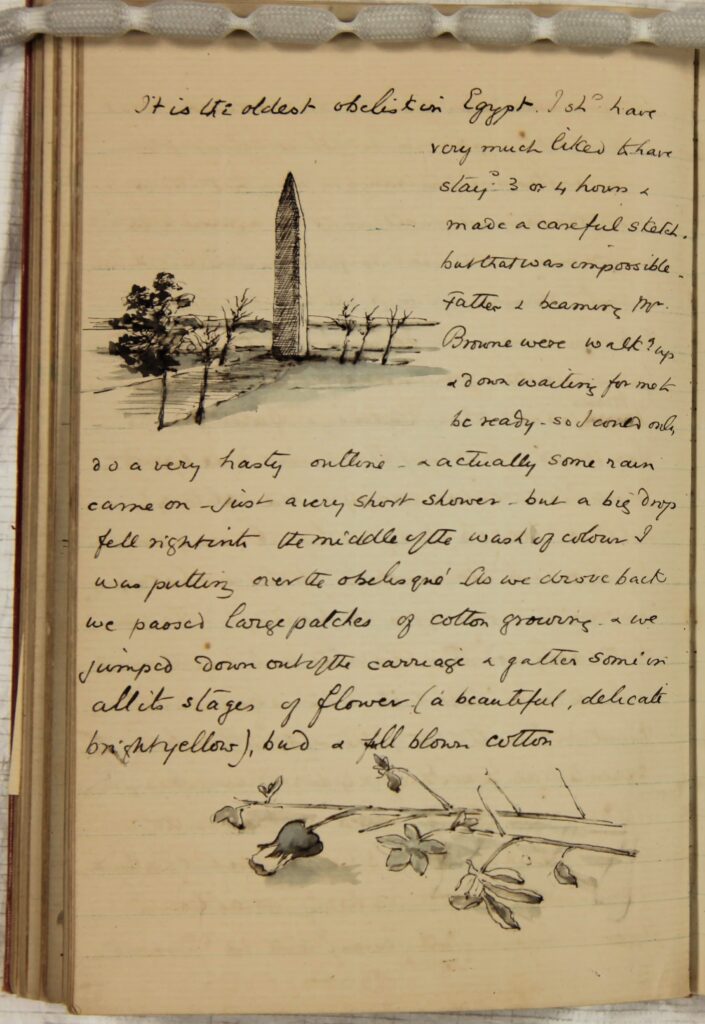A page of the journal that includes a sketch of the oldest obelisk in Egypt
