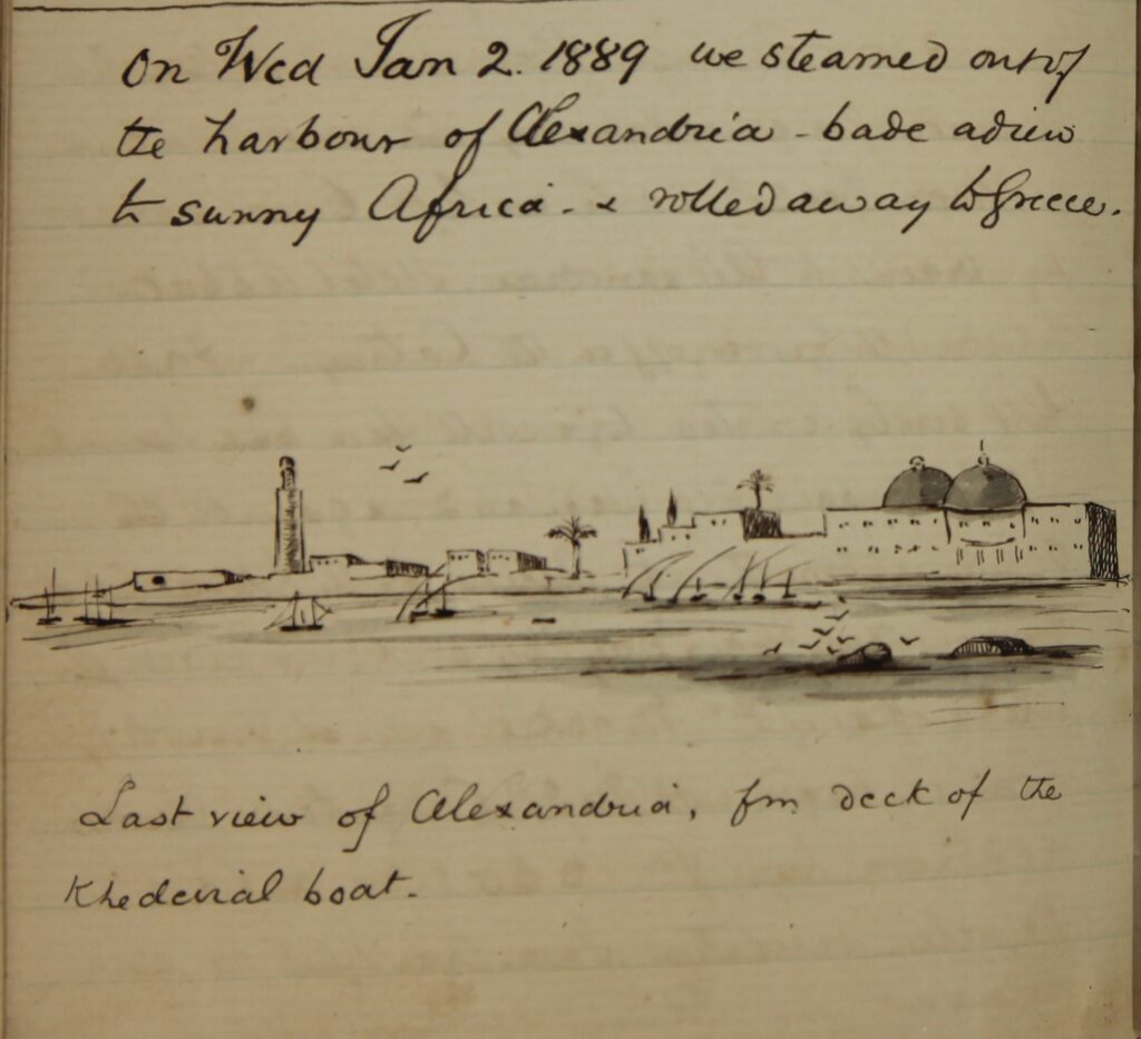 A page of the journal that includes a sketch of the view of Alexandria from the deck of a boat. 
