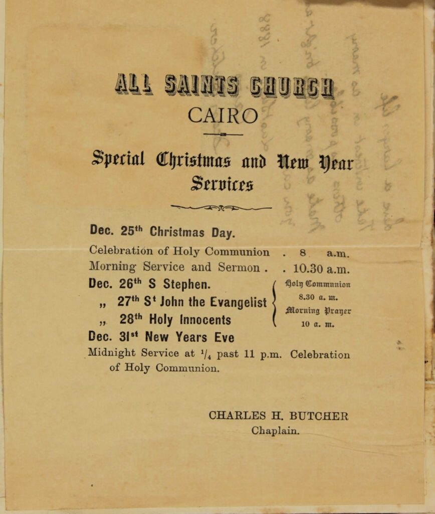 A flyer to advertise special Christmas and New Year services at All Saints Church, Cairo