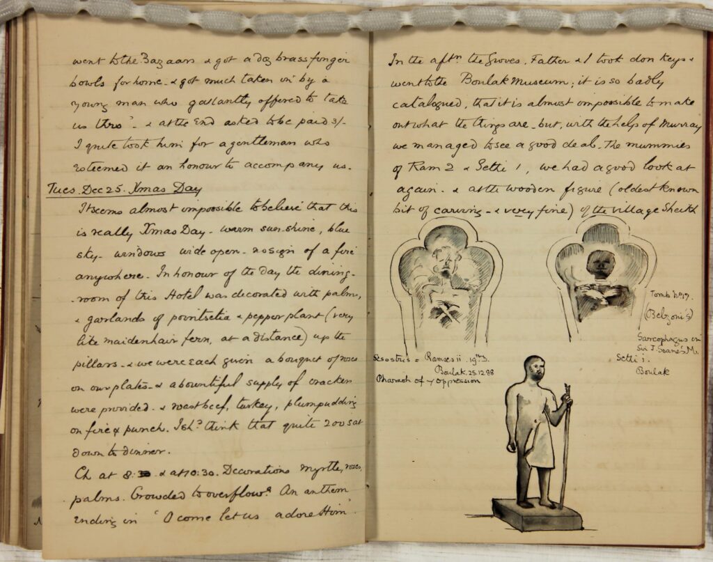 Two pages of the journal with written entries for Christmas day, and sketches of mummies Ramses II and Setti I
