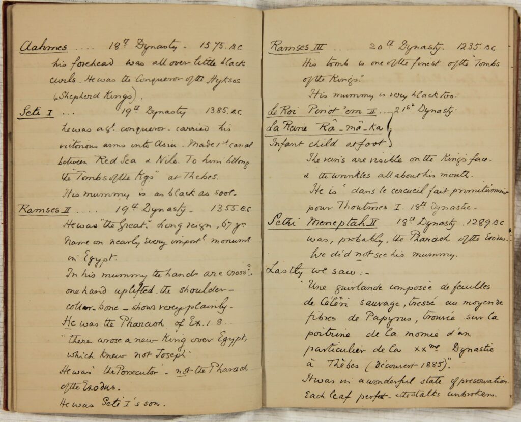 Two pages of the journal with written notes on nine of the mummies
