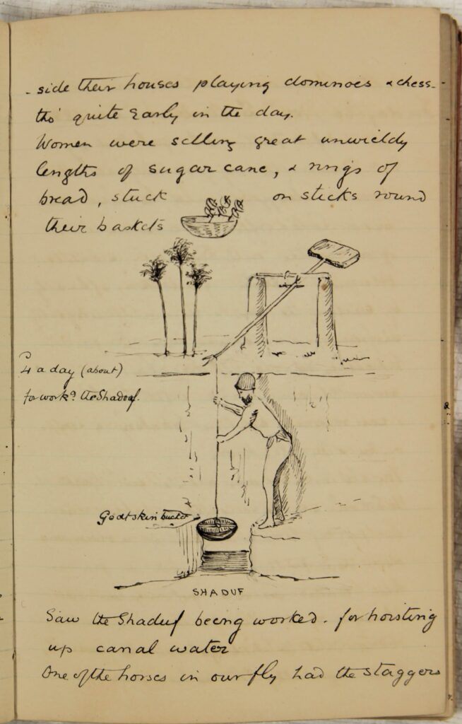 A page of the journal that includes sketches of the shaduf 