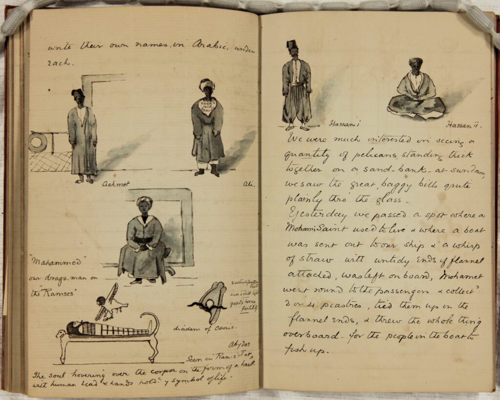 Two pages of the journal that include sketches of her guides
