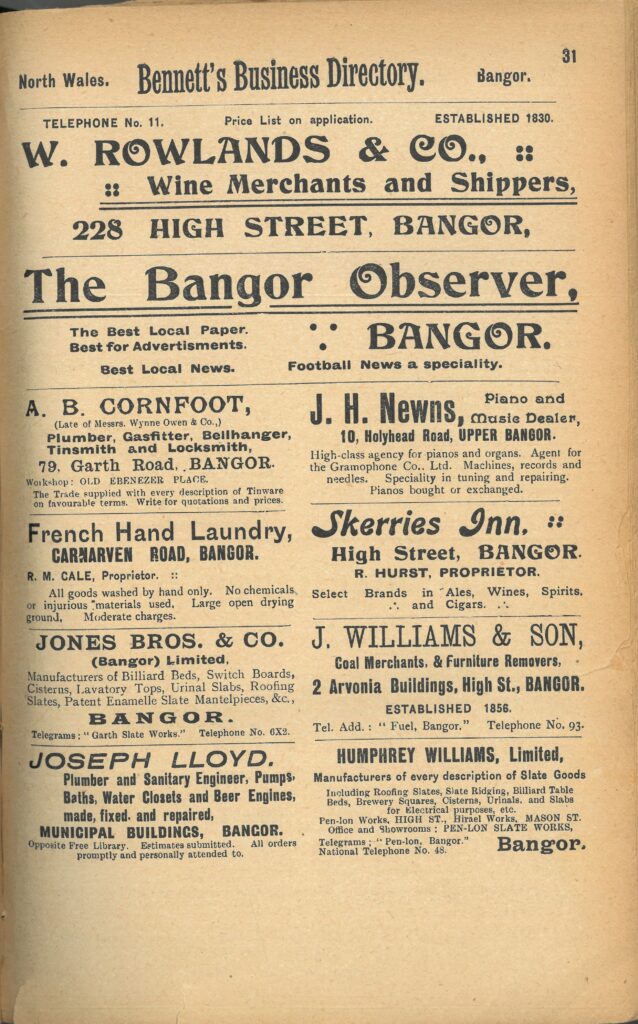 Cyfeiriadur Busnes Bennett, Bangor (Heb Ddyddiad), eitem o Archifau Gwynedd