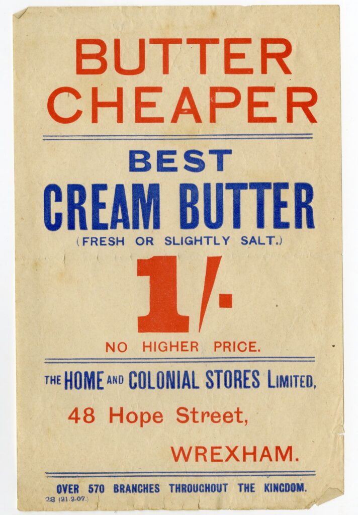 Hysbyseb Home and Colonical Stores (t.1905), eitem o Archifau Gogledd Ddwyrain Cymru