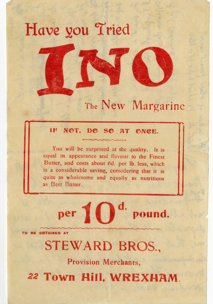 Hysbyseb Ino Margarine (c.1905), eitem o Archifau Gogledd Ddwyrain Cymru