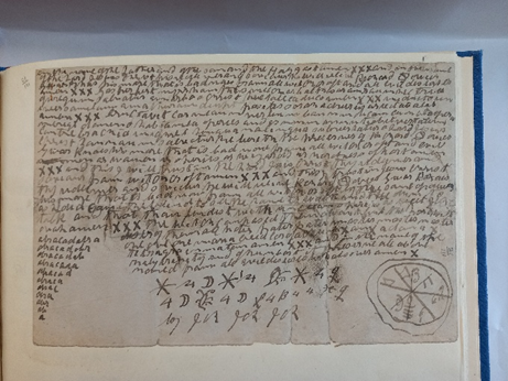 Llyfr agored sy'n cynnwys llawysgrif wedi'i hysgrifennu â symbolau