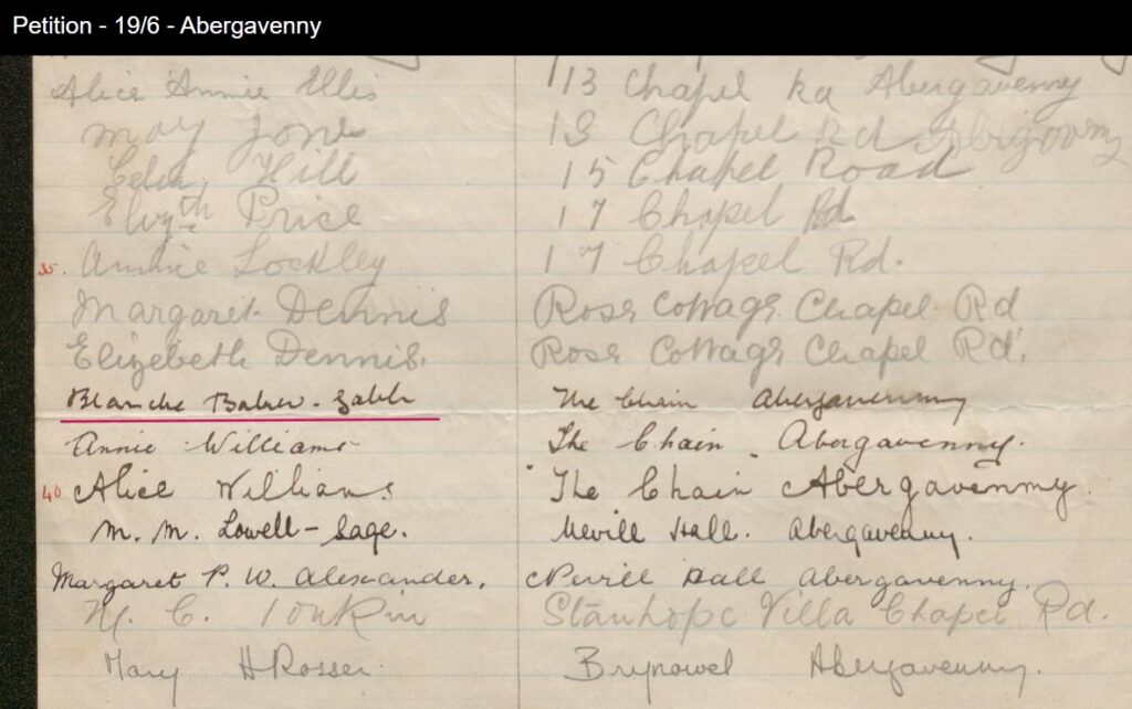 A handwritten petition document featuring names and addresses, including 'Blanche Baker-Gabb', associated with Abergavenny.