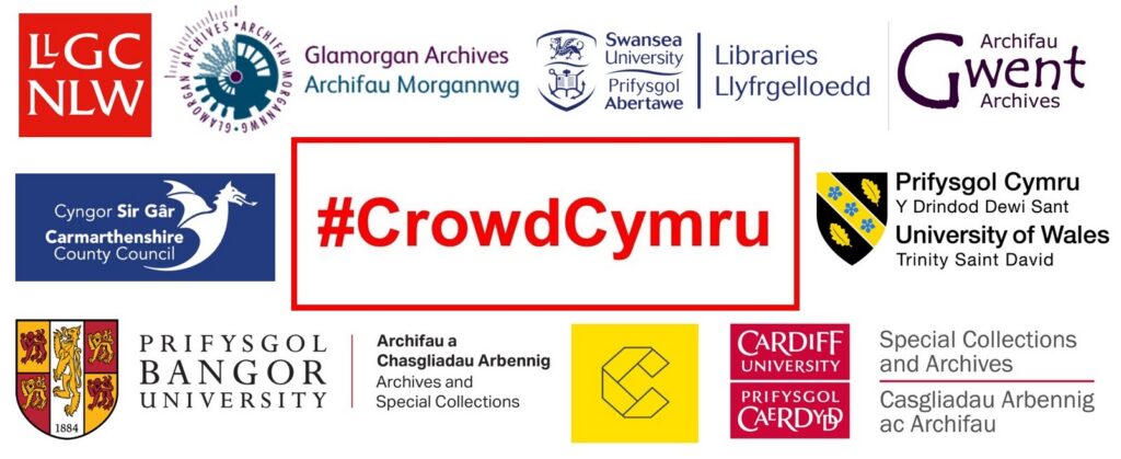 #CrowdCymru logo featuring various Welsh archive institutions and universities.