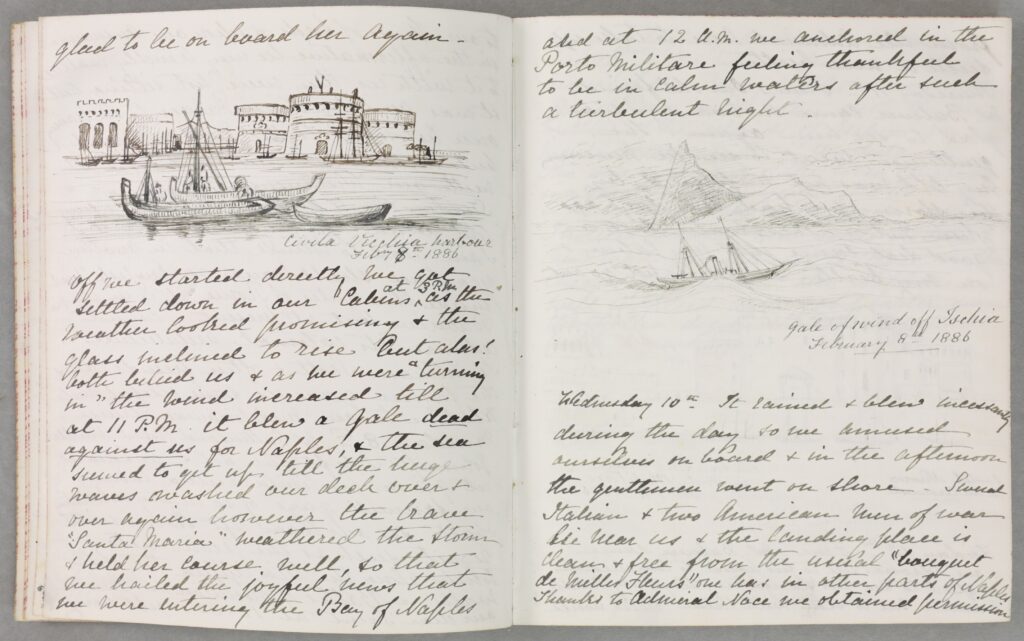 A handwritten diary page featuring sketches of boats and a harbor scene from 1886, detailing the author's travel experiences and observations.