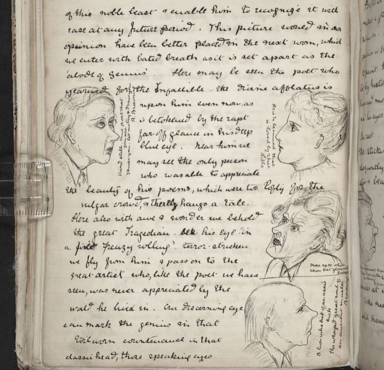 Illustration of several sketches and handwritten notes in a vintage notebook, depicting various facial expressions and profiles of individuals, alongside poetic and descriptive text.